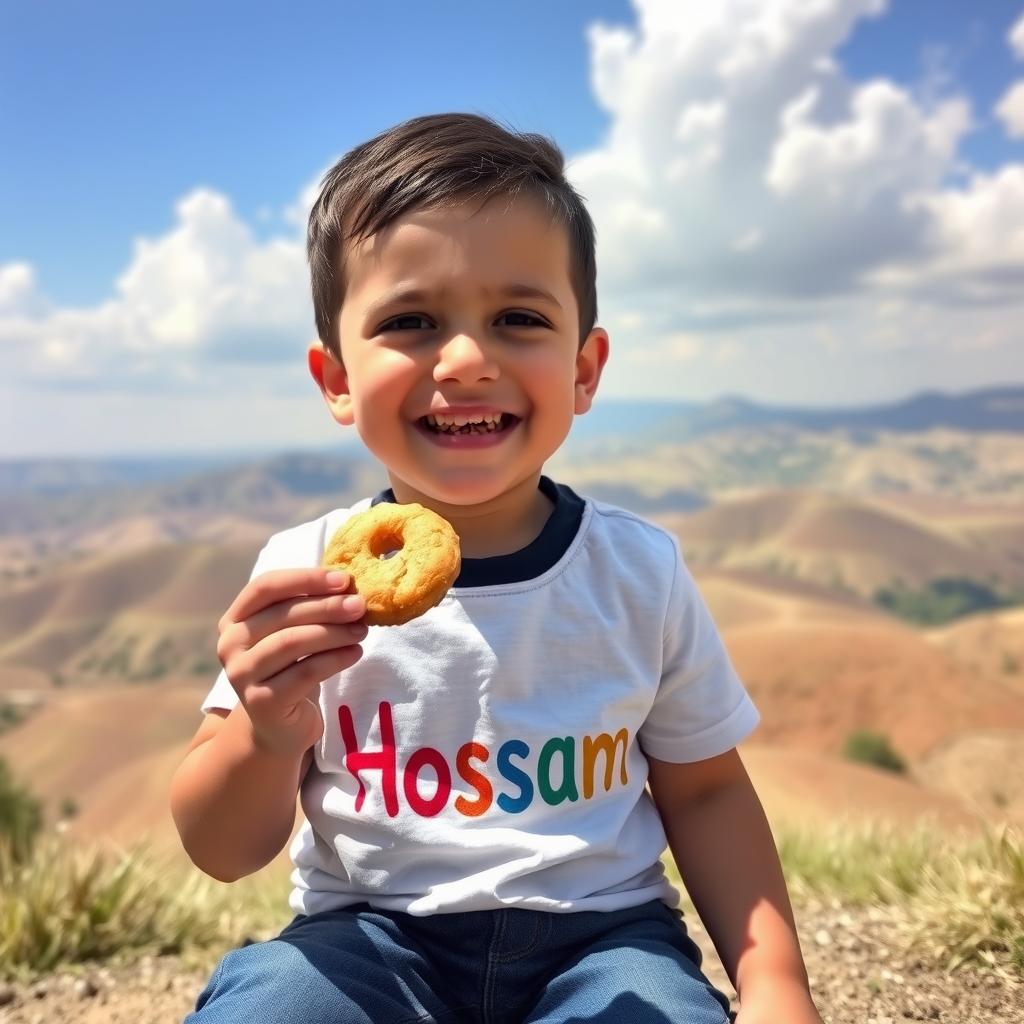 An 8-year-old child happily sitting on a hill, enjoying a traditional Persian cookie known as Naderi