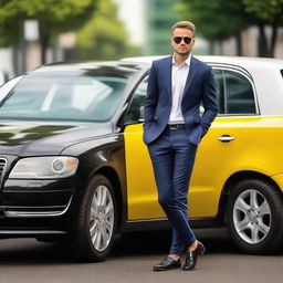 A confident driver stepping out of a fancy car, ready to face the irritated drivers in the traffic jam behind him, a smirk on his face.