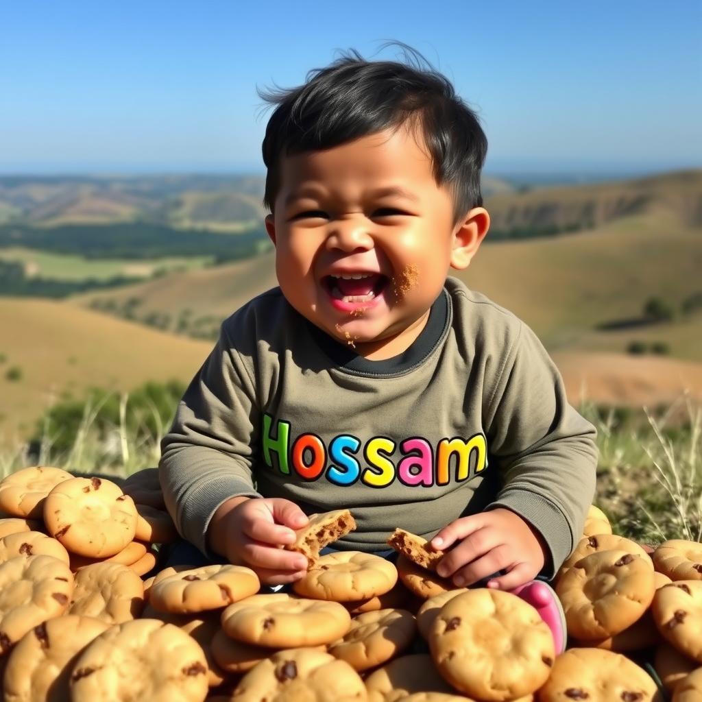 A joyful 8-year-old chubby child sitting on a hill, surrounded by an abundance of delicious cookies