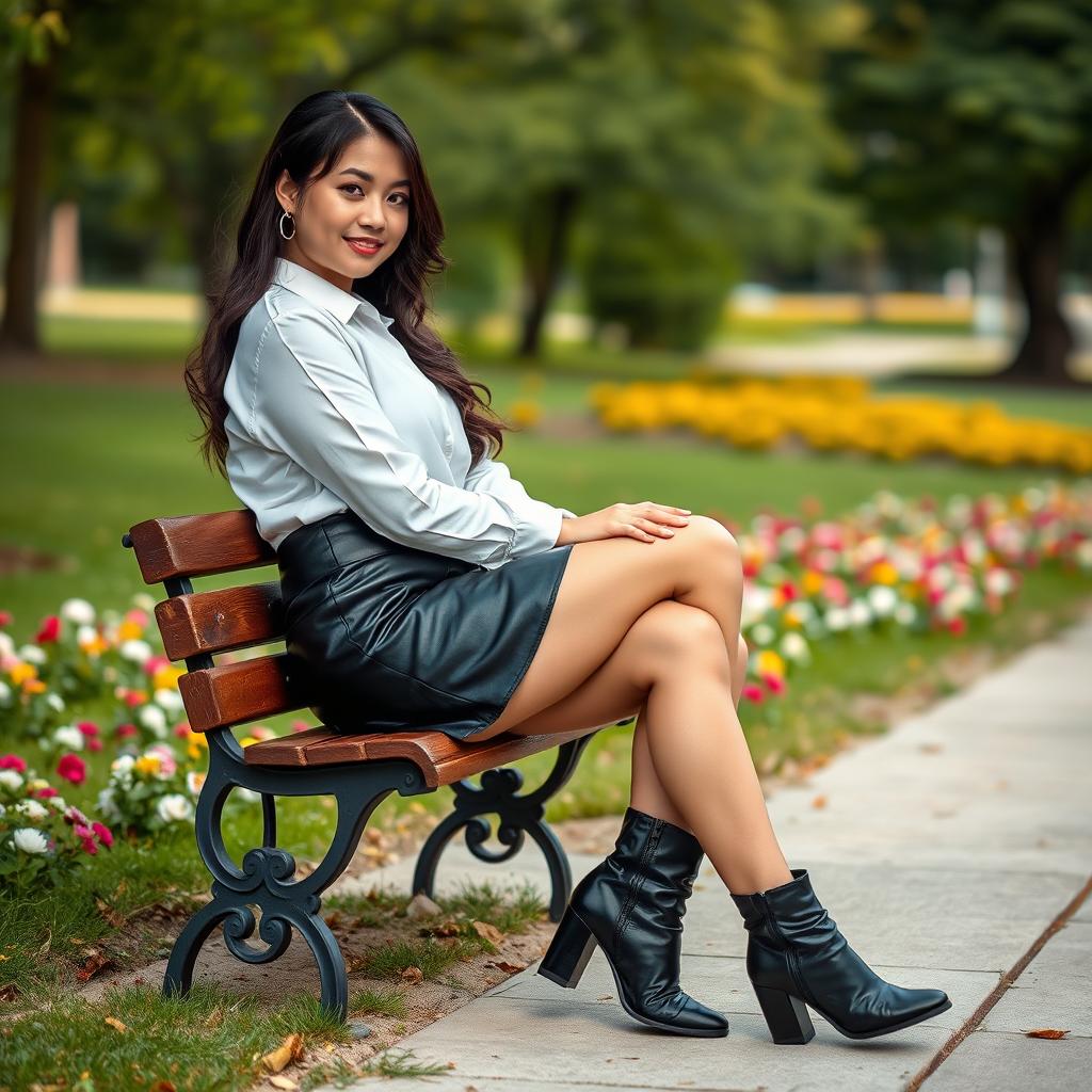 A captivating full-body photograph of a beautiful curvy Chinese woman sitting gracefully on a bench in the park