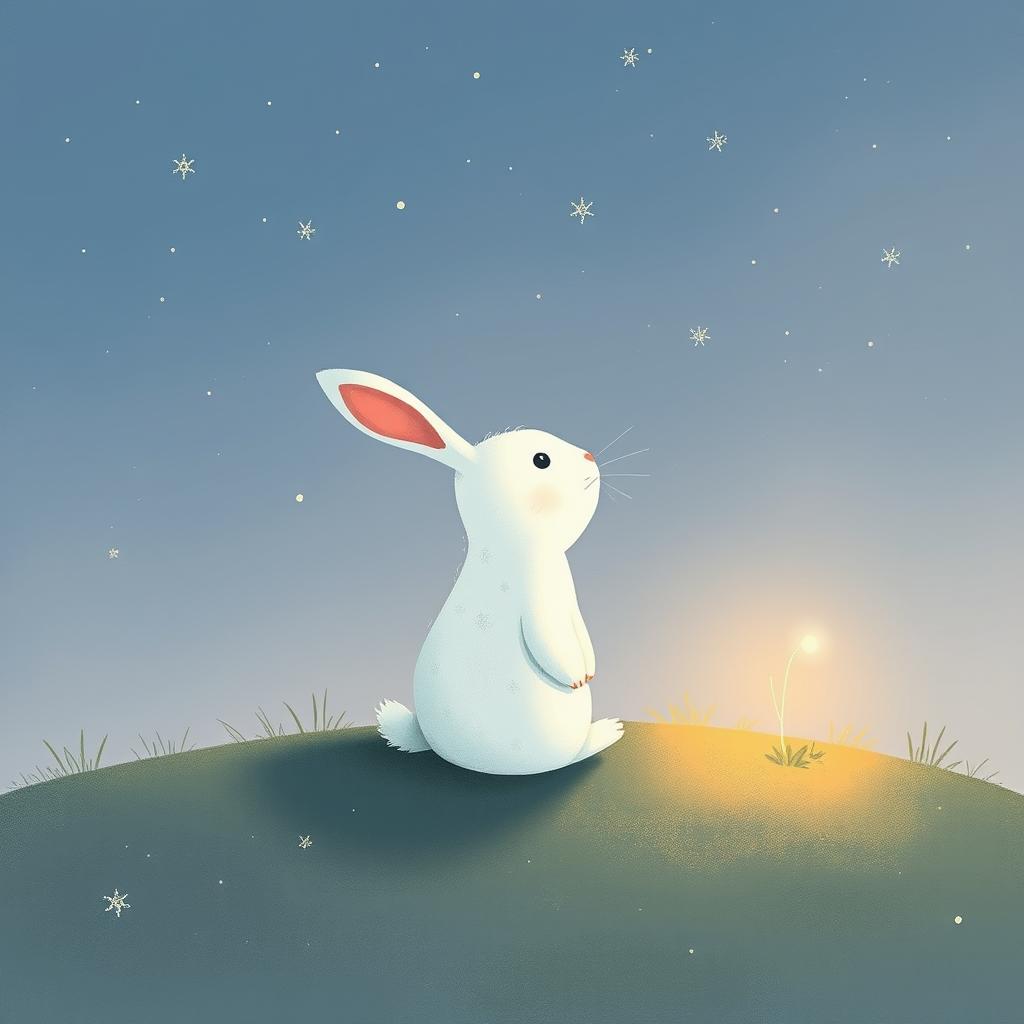 A small white rabbit sitting and gazing up at the stars on a clear night, accompanied by a glowing little grass sprout