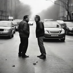 Two drivers in the middle of the road, locked in a heated argument amongst the backdrop of honking cars and frustrated drivers.