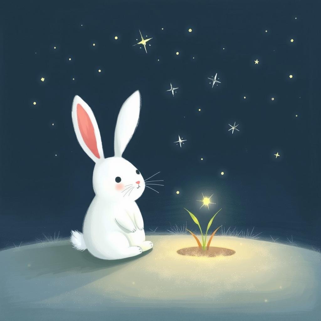 A small white rabbit sitting beside a glowing little grass sprout, both gazing up at the sparkling stars in the night sky