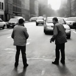 Two drivers in the middle of the road, locked in a heated argument amongst the backdrop of honking cars and frustrated drivers.