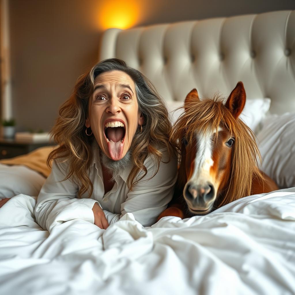 A whimsical and joyful scene depicting a 60-year-old woman with long wavy hair lying on a white bed next to a small horse