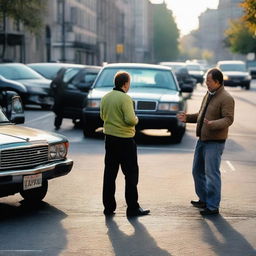 Two drivers in the middle of the road, locked in a heated argument amongst the backdrop of honking cars and frustrated drivers.