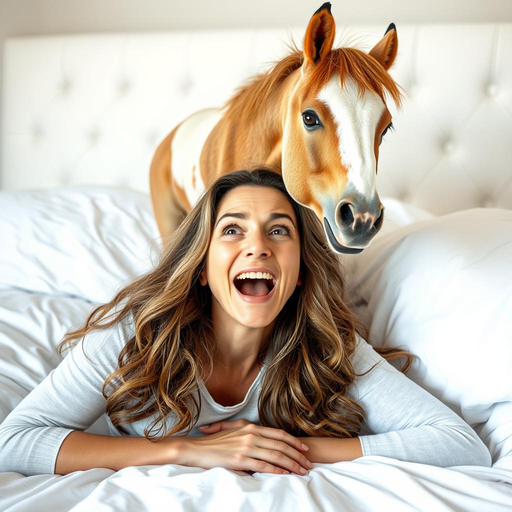 A whimsical scene featuring a 60-year-old woman with long wavy hair lying on a white bed, with a small horse positioned above her, gazing down at her