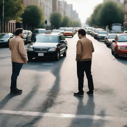 Two drivers in the middle of the road, locked in a heated argument amongst the backdrop of honking cars and frustrated drivers.