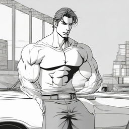 The protagonist, a visibly muscular and fit individual, with a determined look on his face, standing assertively by his car.