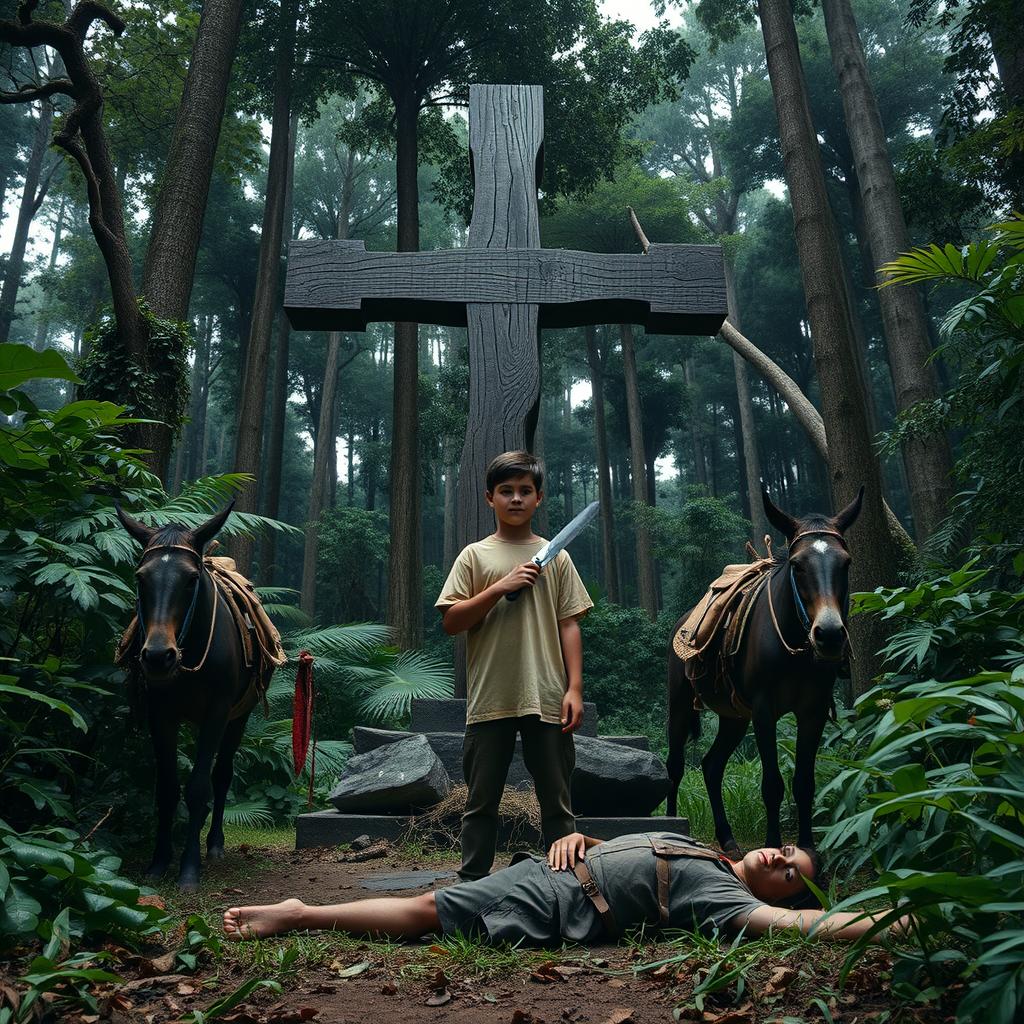 A 17-year-old boy holding a bloody dagger stands in front of a cross transforming from wood to iron, set in a dense forest of the Atlantic Forest in Brazil