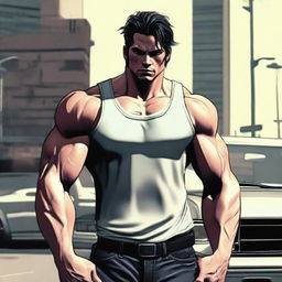 The protagonist, a visibly muscular and fit individual, with a determined look on his face, standing assertively by his car.