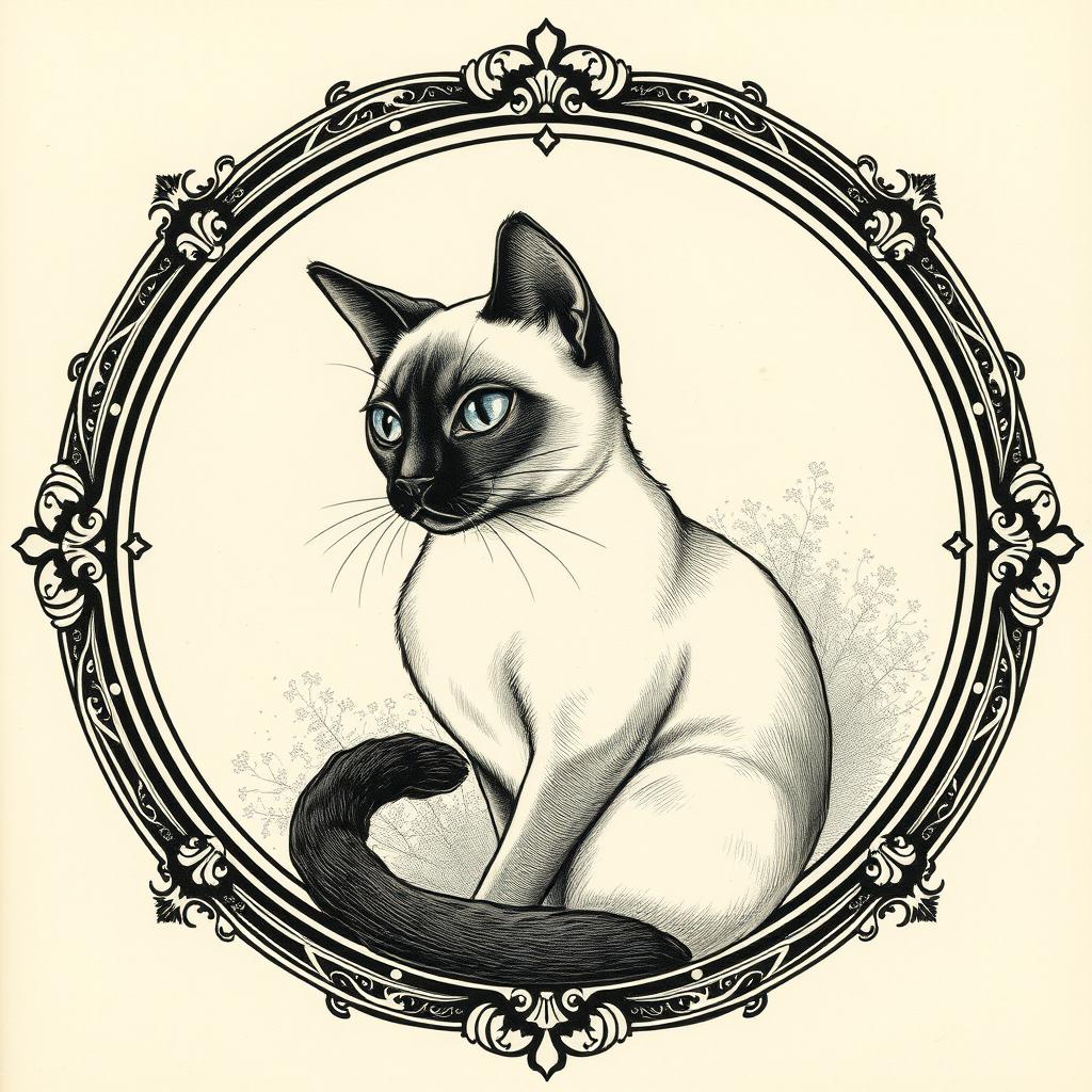 A Siamese cat sitting gracefully inside an ornate oval frame, styled to resemble a 19th-century illustration