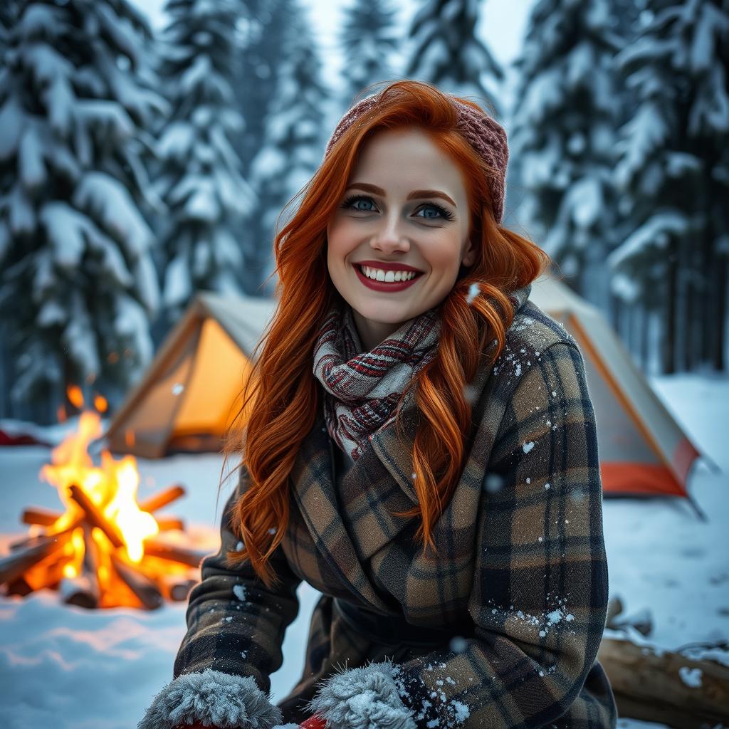 A beautiful hot redhead woman in a snowy camping scene, wearing a stylish winter outfit, surrounded by picturesque snowy trees and a cozy campsite with a lit campfire
