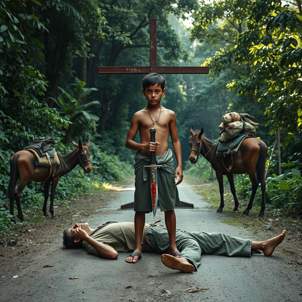 A 17-year-old boy stands in front of a rusty iron cross in a clearing along a road in the Brazilian Atlantic Forest