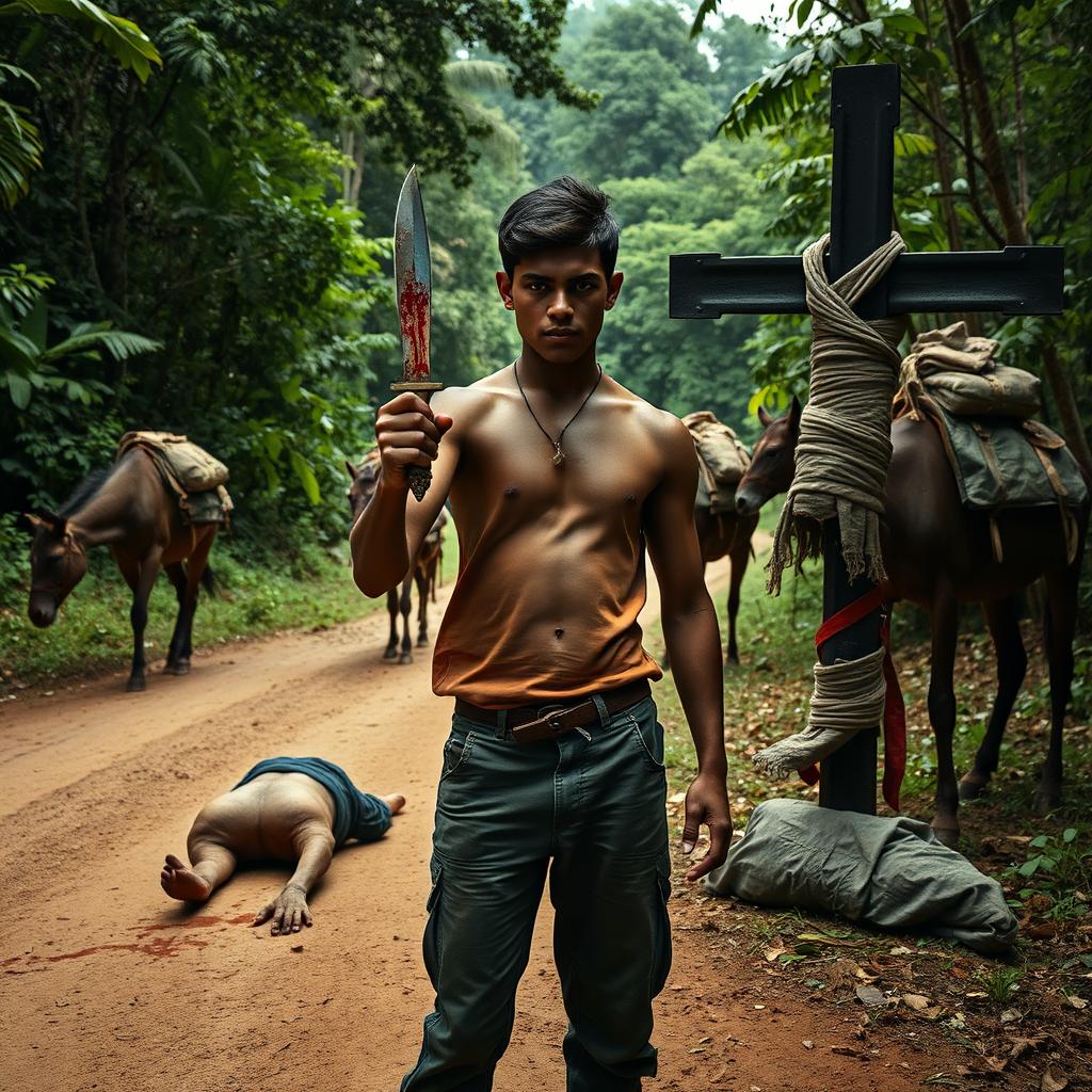 A dramatic scene depicting a 17-year-old young man holding a medium-sized, pointed dagger stained with blood, positioned in front of an iron cross wrapped in tattered clothing to the right side of a dirt road