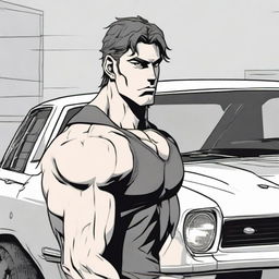 The protagonist, a visibly muscular and fit individual, with a determined look on his face, standing assertively by his car.