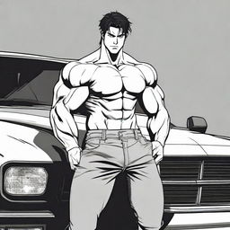 The protagonist, a visibly muscular and fit individual, with a determined look on his face, standing assertively by his car.