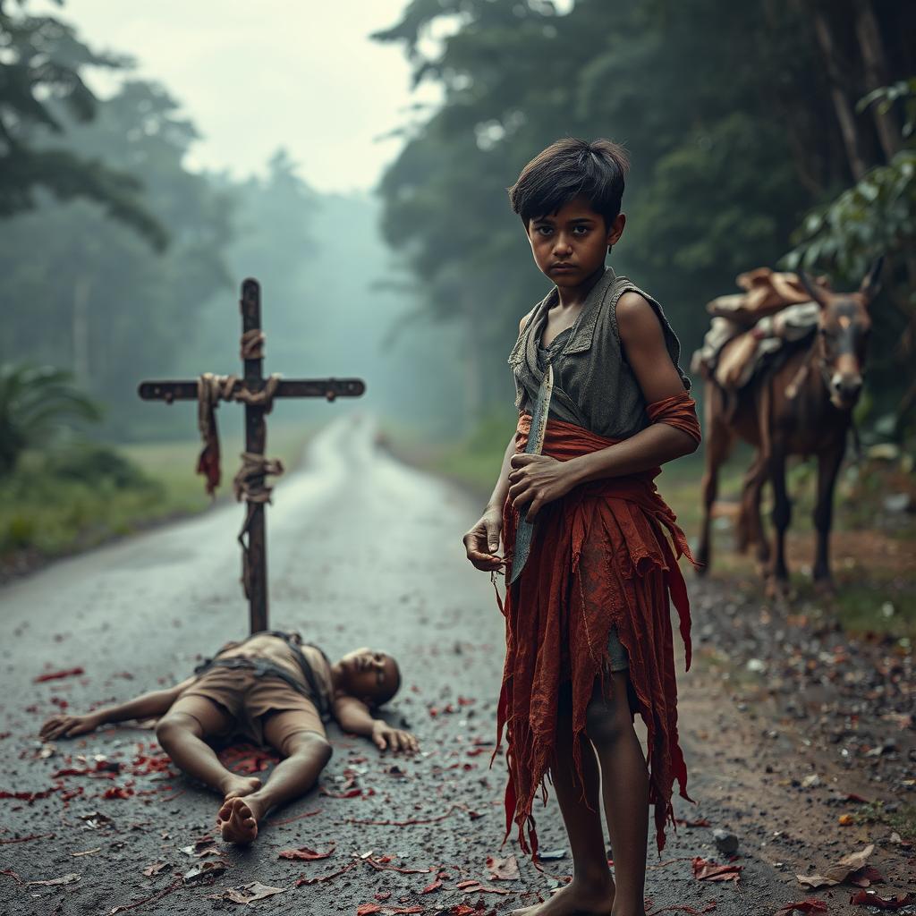 A haunting scene depicting a 17-year-old boy with a small, sharp dagger, stained with blood, standing in front of a rusty iron cross wrapped in tattered clothing on the right side of a road