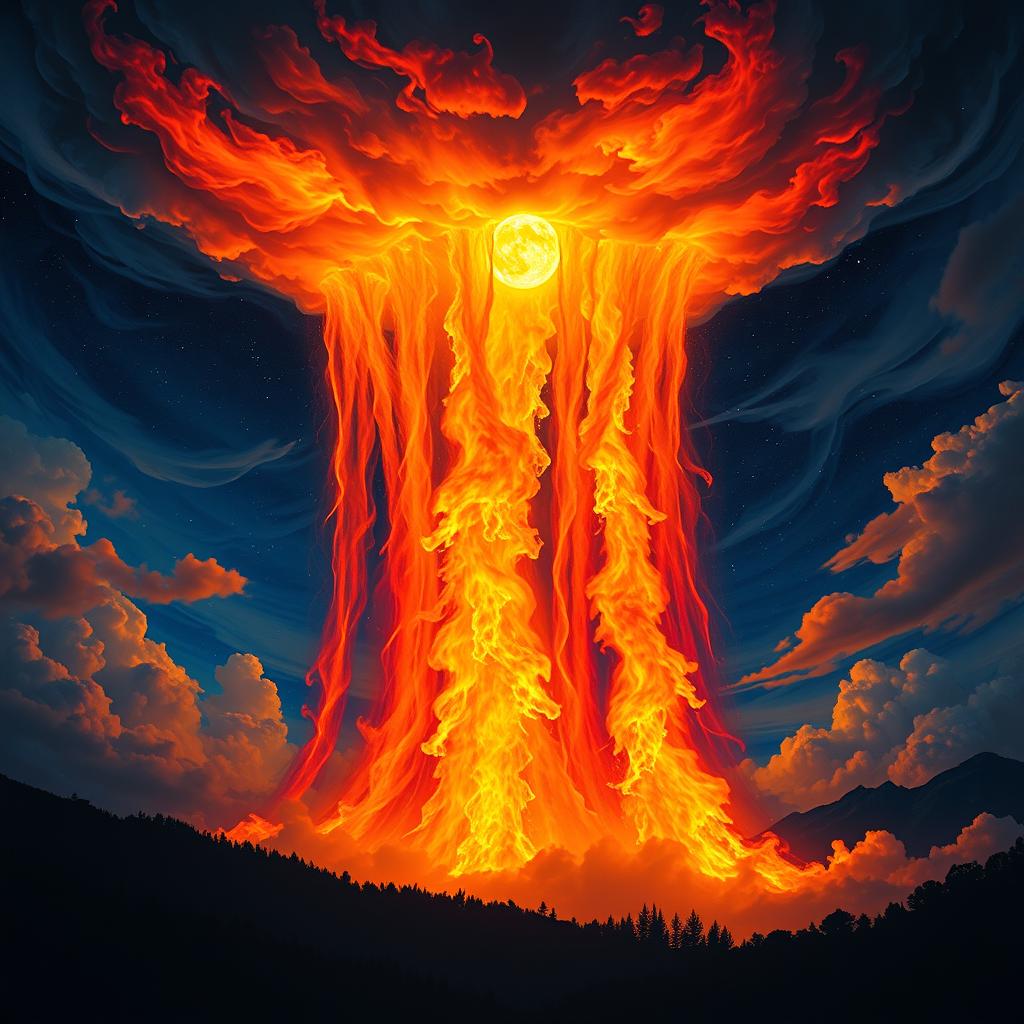 An awe-inspiring scene depicting a celestial phenomenon where fiery flames cascade from the heavens, illuminating the night sky with vibrant oranges, reds, and yellows