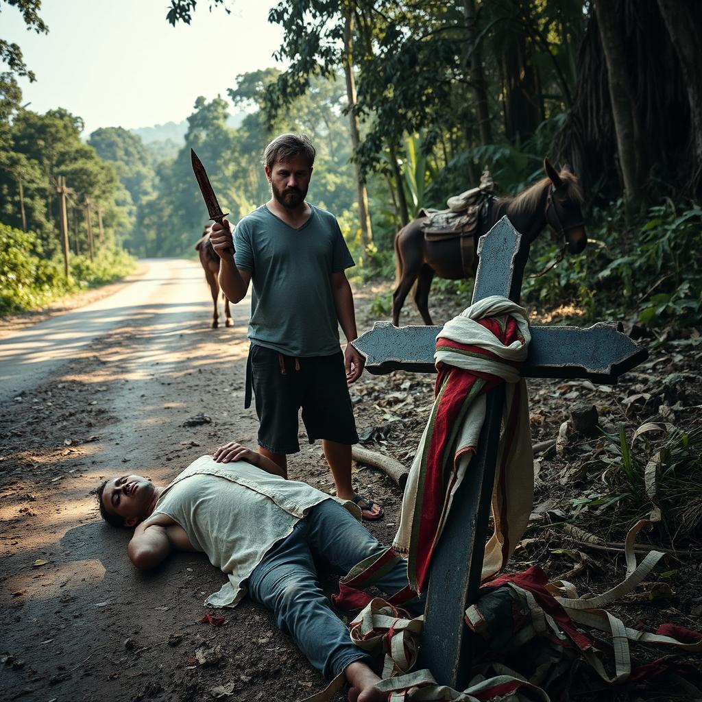 A 25-year-old white male standing in a clearing by a road in the Atlantic Forest of Brazil, holding a small, sharp dagger that is dirty with blood