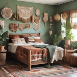 A boho-inspired bedroom with earthy tones, lots of textures, fabrics, green plants, and ethnic prints. Vintage furniture, cozy pillows, macrame hangings and tribal rugs complete the scene.