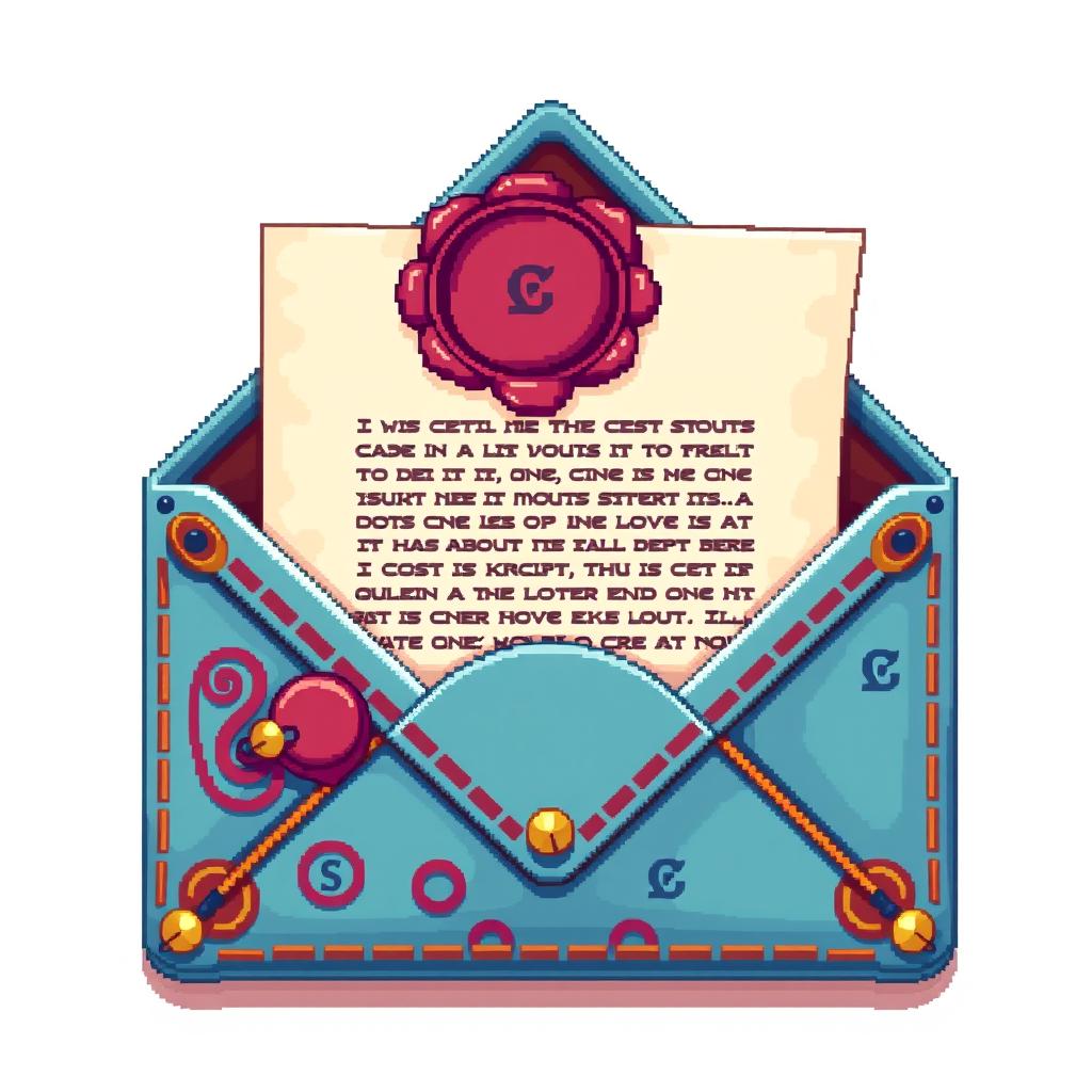 A highly detailed 16x16 pixel art representation of a letter inside a colorful envelope