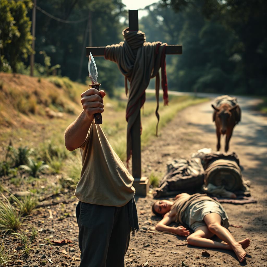 A white young man, 25 years old, holds a small, pointed dagger stained with blood, standing in front of an iron cross draped in tattered clothing, situated on the right side of a dirt road
