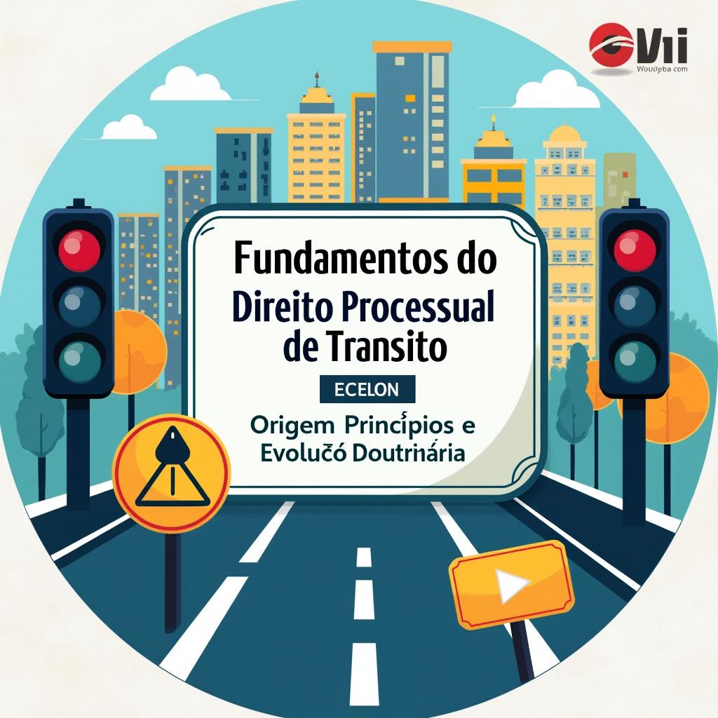 An engaging and informative mini banner for a YouTube video titled 'Fundamentos do Direito Processual de Trânsito: Origem, Princípios e Evolução Doutrinária'