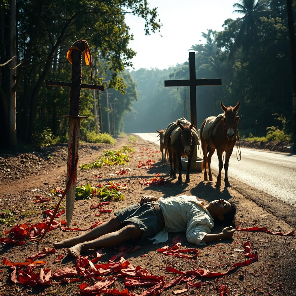 A scene depicting a 25-year-old white male with a small, pointed dagger stained with blood in front of an iron cross shrouded in tattered clothing on the right side of a road