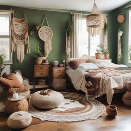 A boho-inspired bedroom with earthy tones, lots of textures, fabrics, green plants, and ethnic prints. Vintage furniture, cozy pillows, macrame hangings and tribal rugs complete the scene.