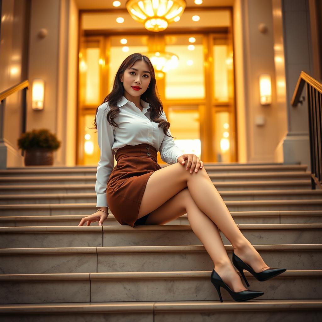 A stunning, hyper-realistic photograph of a beautiful Chinese woman sitting on the stairs outside a luxurious hotel building