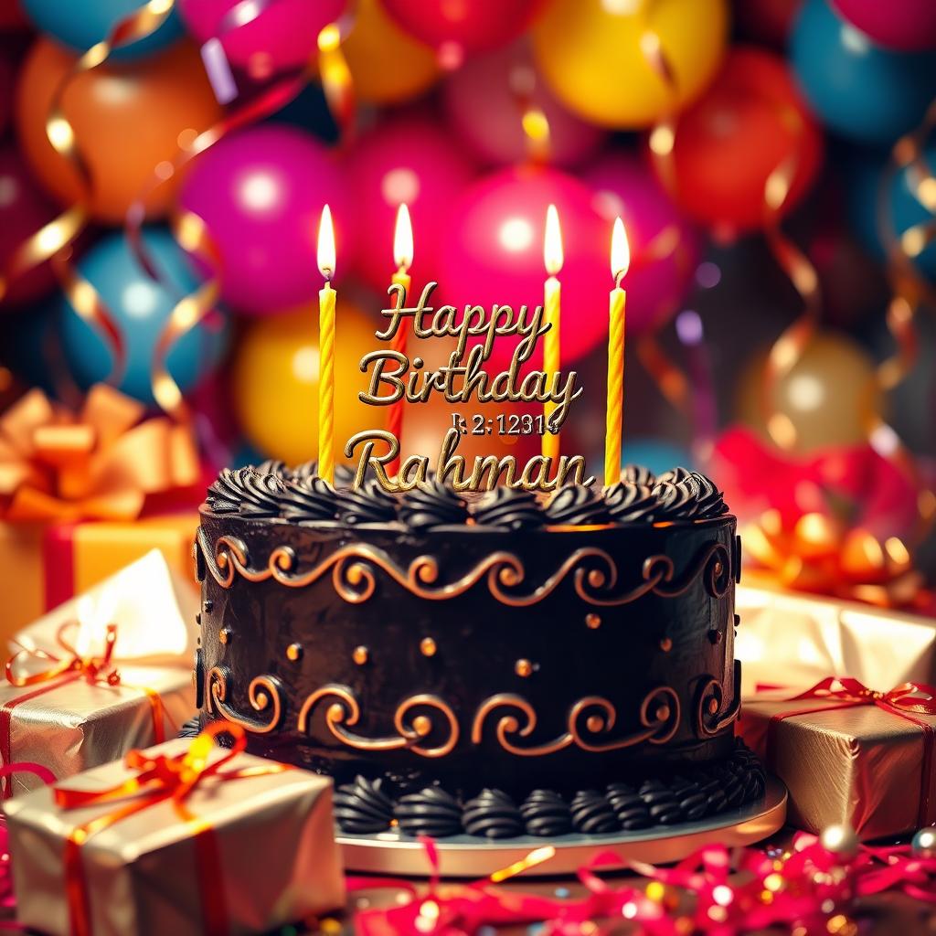 A vibrant and festive birthday scene dedicated to Rahman, featuring a beautifully decorated black cake with elegant gold accents and candles