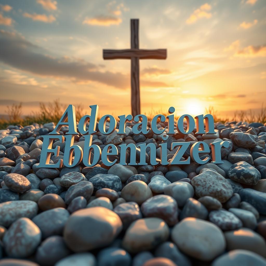 A beautifully rendered scene featuring the phrase 'Adoración Ebenezer' artistically displayed among a collection of smooth, multi-colored stones