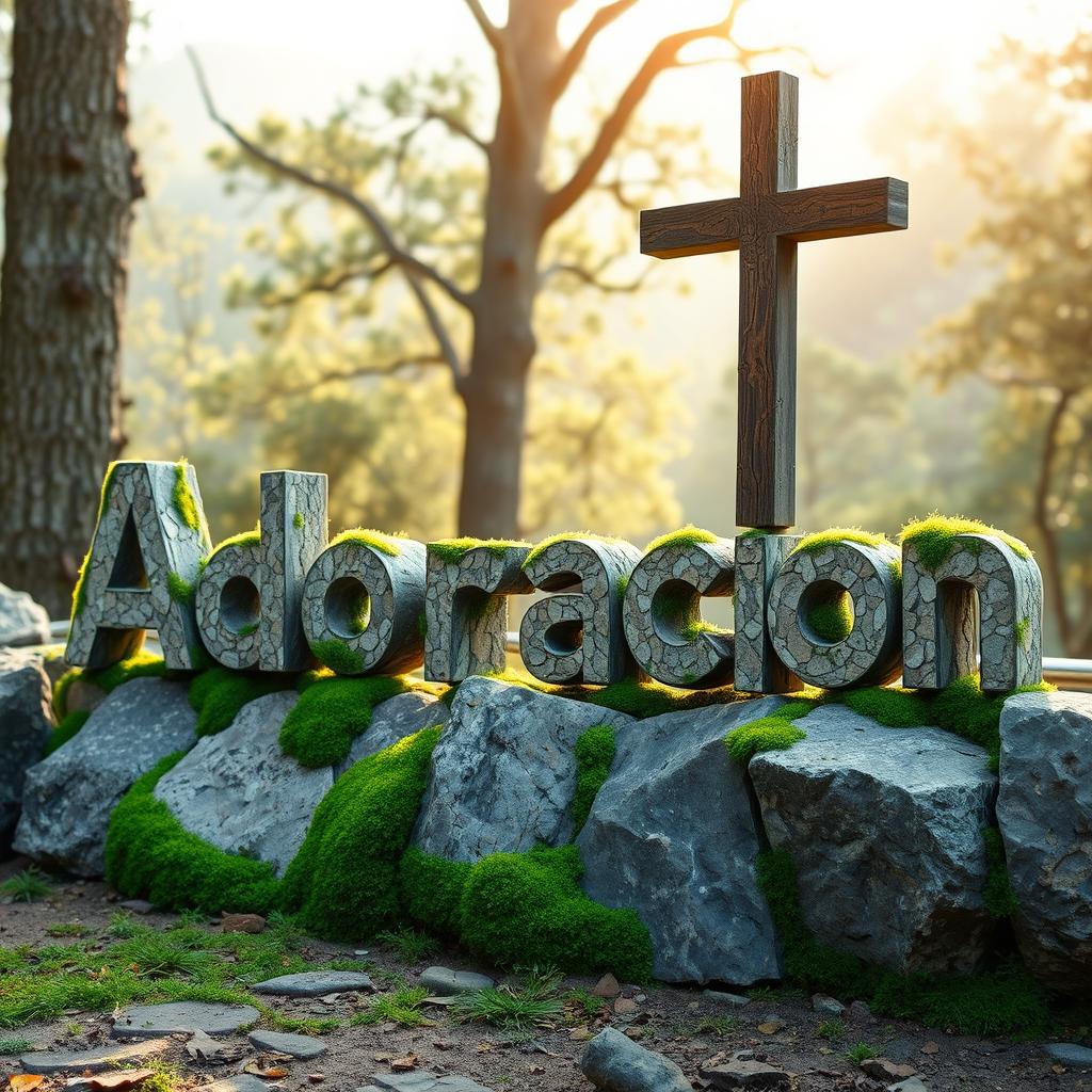 An artistic depiction of the word "Adoración" beautifully crafted in large, textured stones, interwoven with vibrant green moss