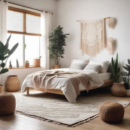 An editorial-style photo of a minimalist bohemian bedroom, featuring clean lines, a neutral color palette, simplistic furniture, accented with boho elements like macrame tapestry, potted plants, and tribal prints.