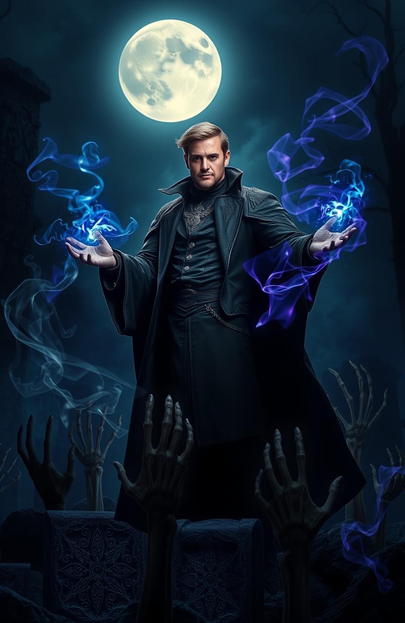 A powerful man showcasing his necromancy abilities, surrounded by ethereal wisps of dark magic