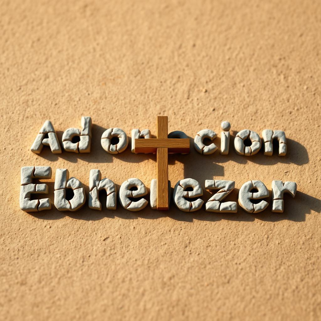An artistic representation of the word 'Adoración Ebenezer' creatively crafted with letters made of textured stones, prominently featuring a wooden cross incorporated into the design