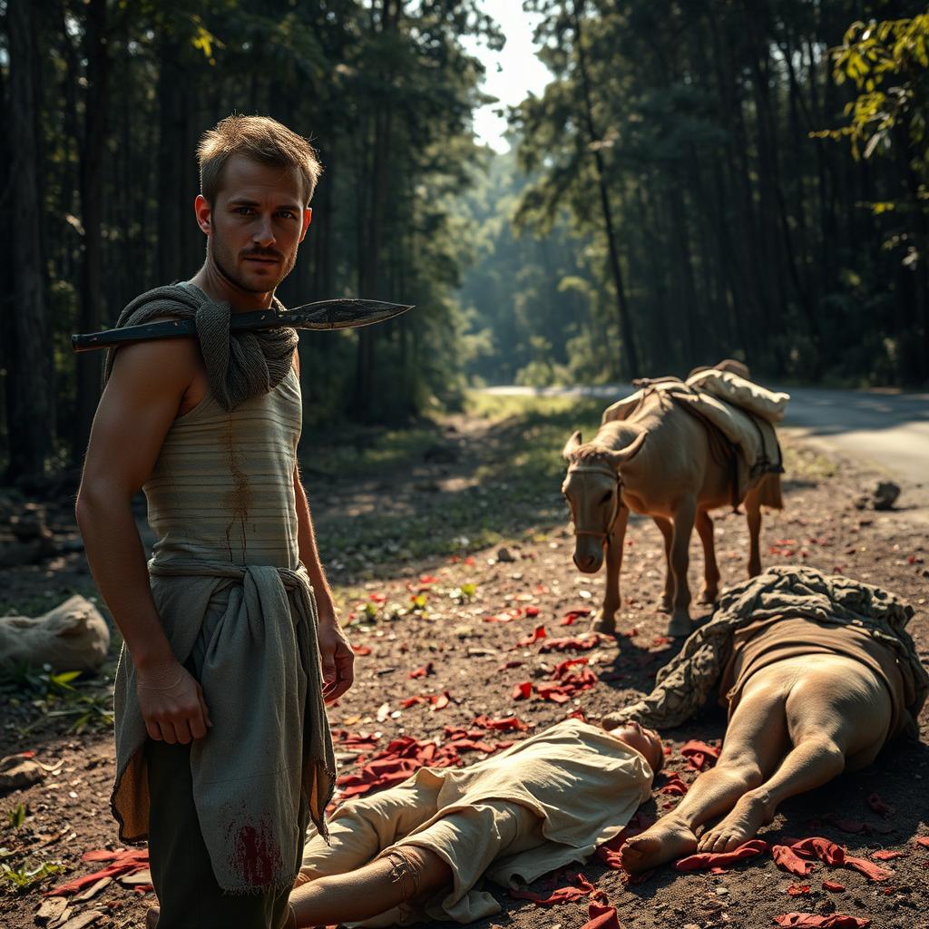 A 25-year-old white male standing with a small, sharp dagger stained with blood in front of an iron cross wrapped in tattered clothing on the right side of a road