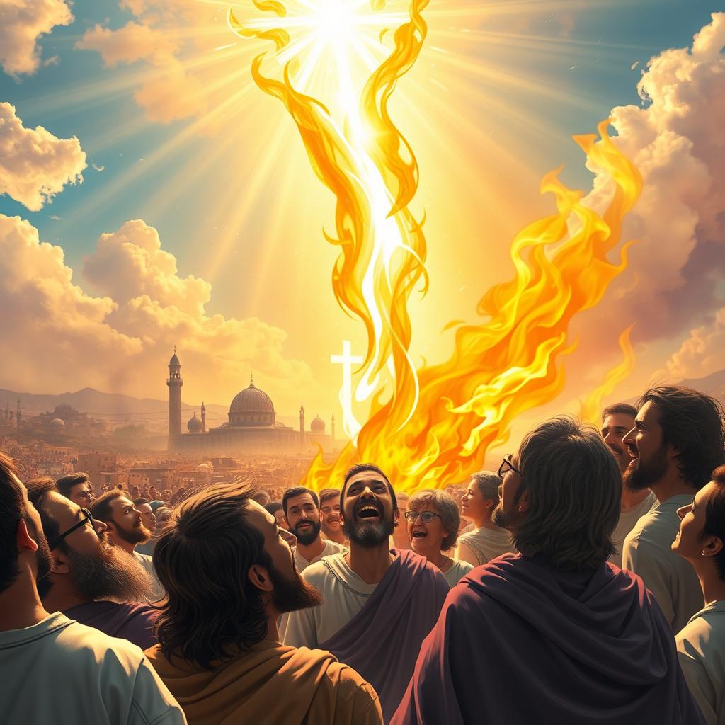 A vibrant and uplifting scene depicting the Day of Pentecost, showcasing the moment when the Holy Spirit descends upon the apostles