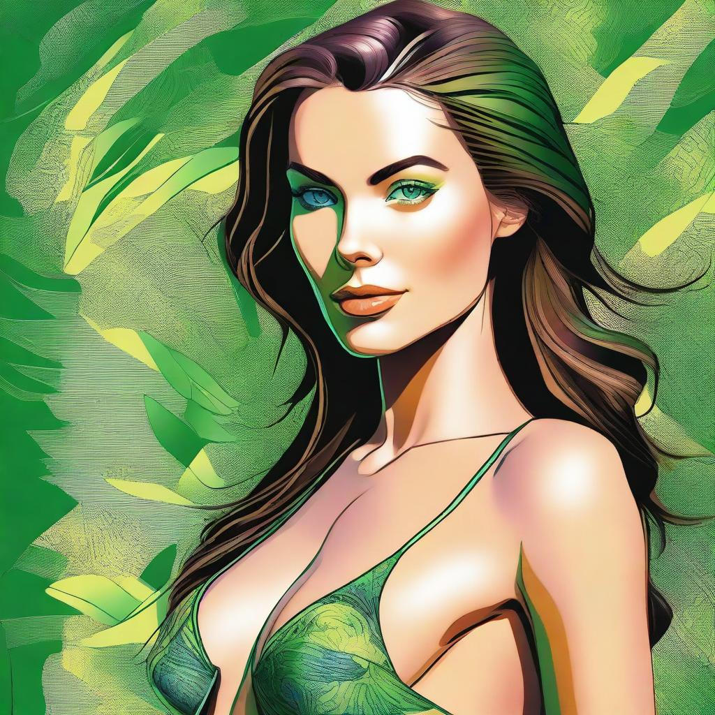 A digital art piece that captures a woman with striking green eyes, a chiseled jawline, and a slender physique, confidently posing in a stylish bikini