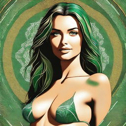 A digital art piece that captures a woman with striking green eyes, a chiseled jawline, and a slender physique, confidently posing in a stylish bikini