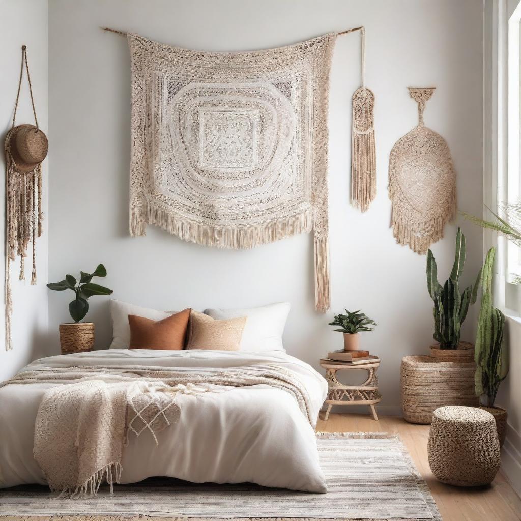 An editorial-style photo of a minimalist bohemian bedroom, featuring clean lines, a neutral color palette, simplistic furniture, accented with boho elements like macrame tapestry, potted plants, and tribal prints.