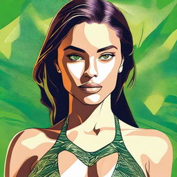 A digital art piece that captures a woman with striking green eyes, a chiseled jawline, and a slender physique, confidently posing in a stylish bikini