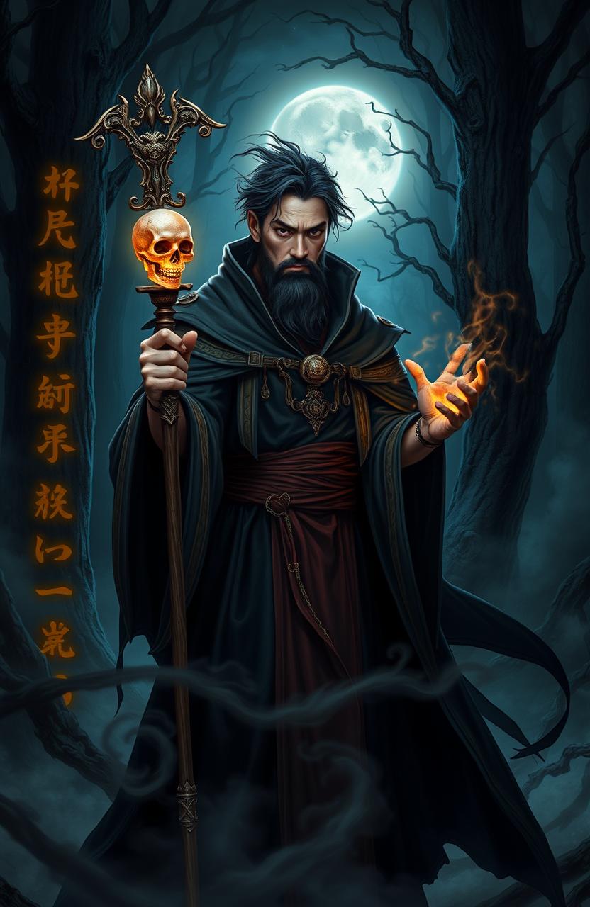 An Asian man with necromancy powers, clad in dark mystical robes, holding an ornate staff topped with a glowing skull