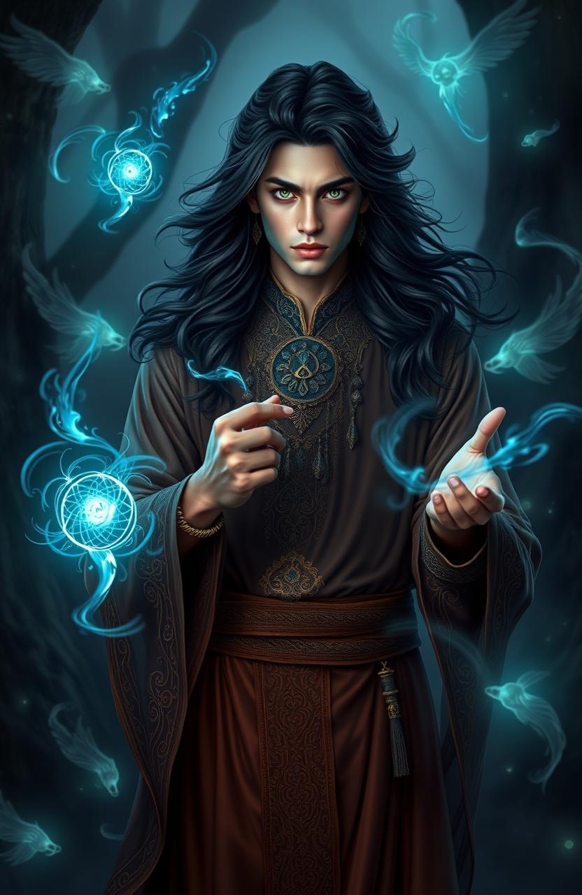 A young Persian man showcasing his necromancy powers, surrounded by ethereal spirits and glowing symbols