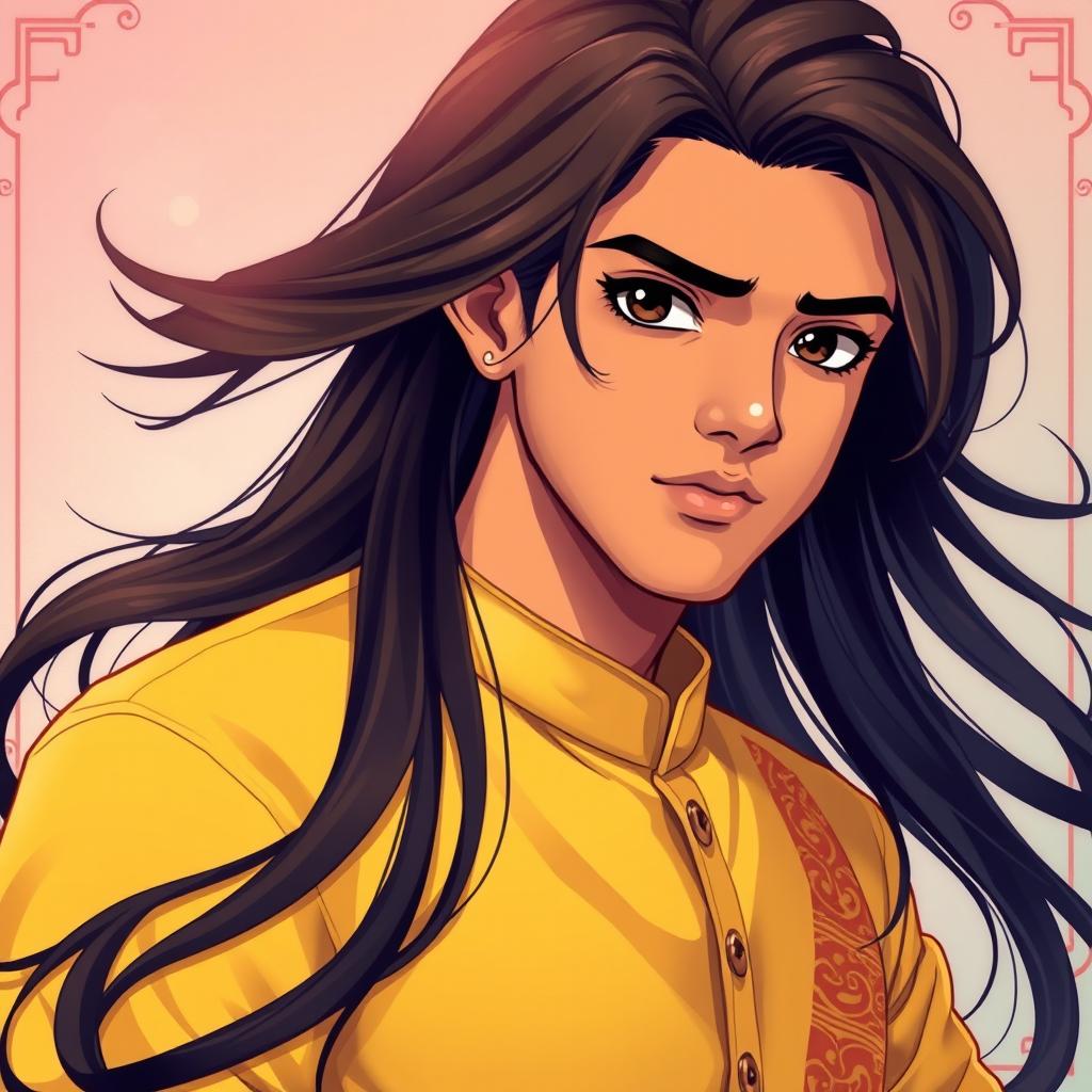 A 22-year-old Indian anime man with captivating black eyes and long, flowing dark brown hair