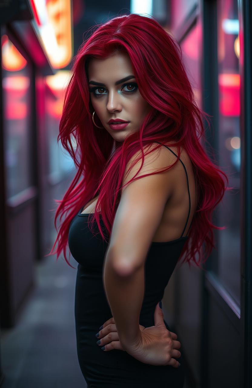 A striking young woman with vibrant, blood-red hair cascading down her shoulders