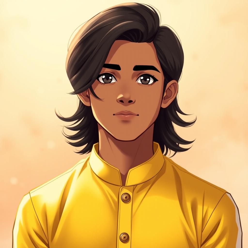 A 22-year-old Indian anime man with expressive black eyes and shoulder-length dark brown hair that flows gently around his face