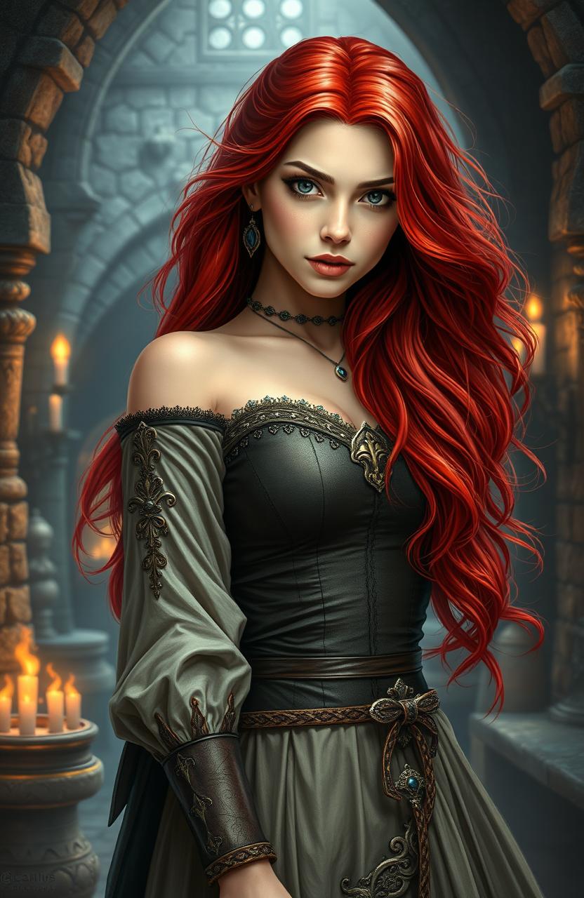 A stunning medieval young woman with flowing blood-red hair cascading down her shoulders, striking black eyes that convey mystery and strength