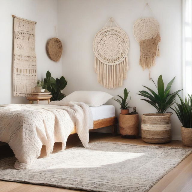 An editorial-style photo of a minimalist bohemian bedroom, featuring clean lines, a neutral color palette, simplistic furniture, accented with boho elements like macrame tapestry, potted plants, and tribal prints.